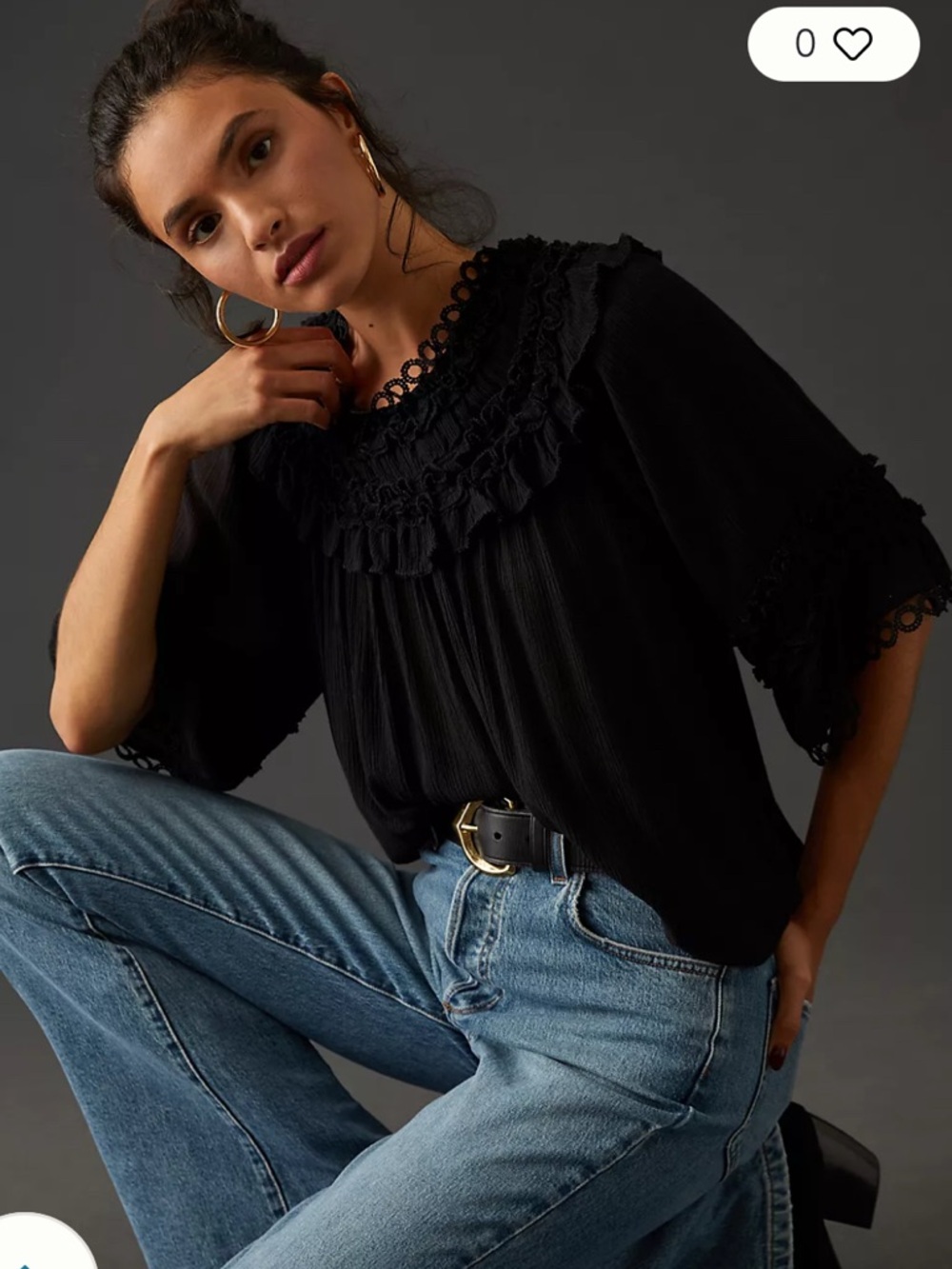 By Anthropologie Black Ruffle Lace-Trim Peasant Boho Flowy Blouse Size M